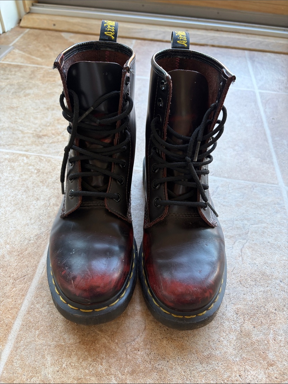 Dr. Martens Black Boots with Red Brush Effect